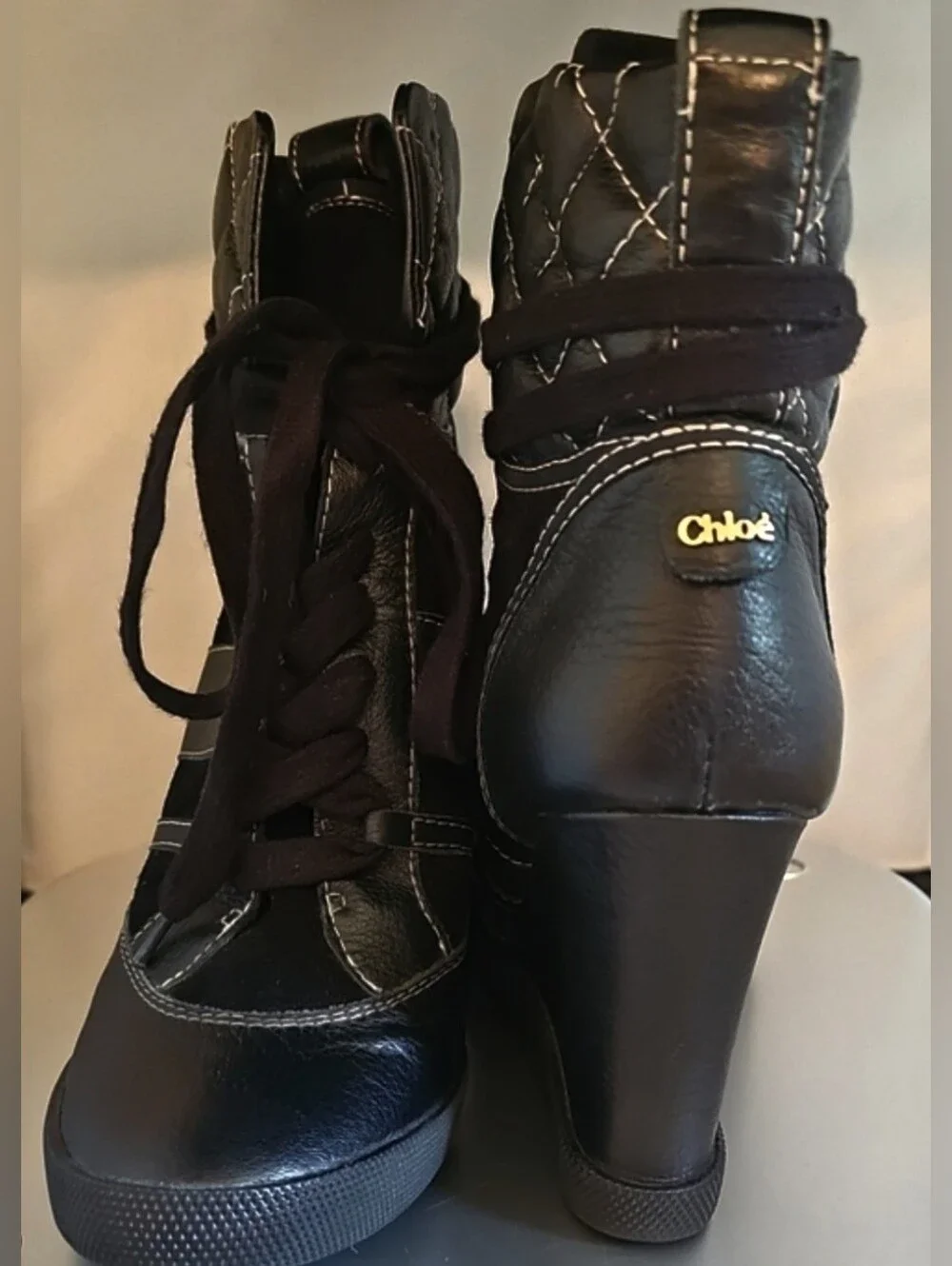 Chloé Black Quilted Leather High Top Wedge Sneakers Size 39 (approx US 8.5–9)